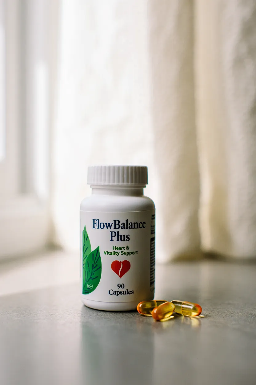 FlowBalance Plus dietary supplement bottle containing 90 capsules for heart and vitality support